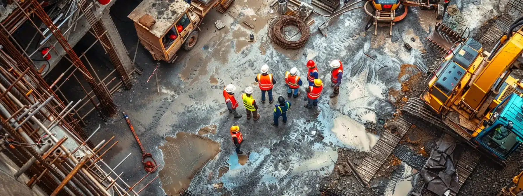 a dynamic construction site is showcased with workers in high-visibility gear engaged in a collaborative huddle, surrounded by machinery and protective equipment under bright daylight, emphasizing safety and teamwork in deconstruction.