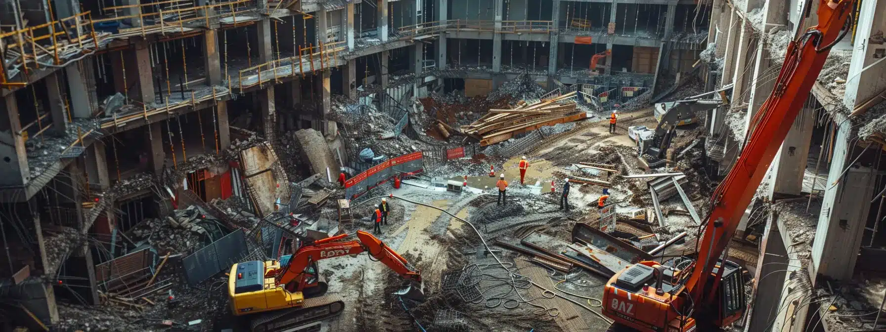 a dynamic construction site showcases a team of professionals in vibrant safety gear meticulously deconstructing a building, emphasizing the importance of worker safety amidst the complex demolition process.