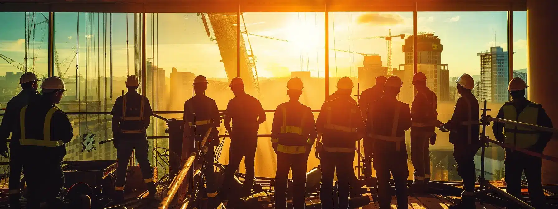a focused group of construction workers engaged in a dynamic training session, surrounded by safety equipment and digital technology, reflecting the seriousness and importance of safety awareness in deconstruction projects, illuminated by soft daylight streaming in from large windows.