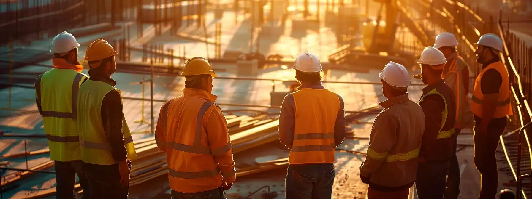 a focused team huddles around a construction site, engaged in an animated safety meeting, with vivid signage and high-tech communication devices illuminating their commitment to clear dialogue and worker protection.