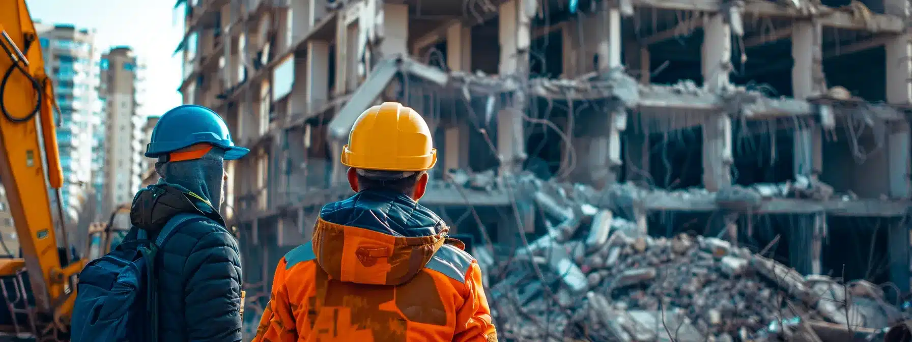 a professional team in hard hats and safety gear meticulously assesses a towering, partially demolished building, highlighting the theme of prioritizing worker safety during the deconstruction process.