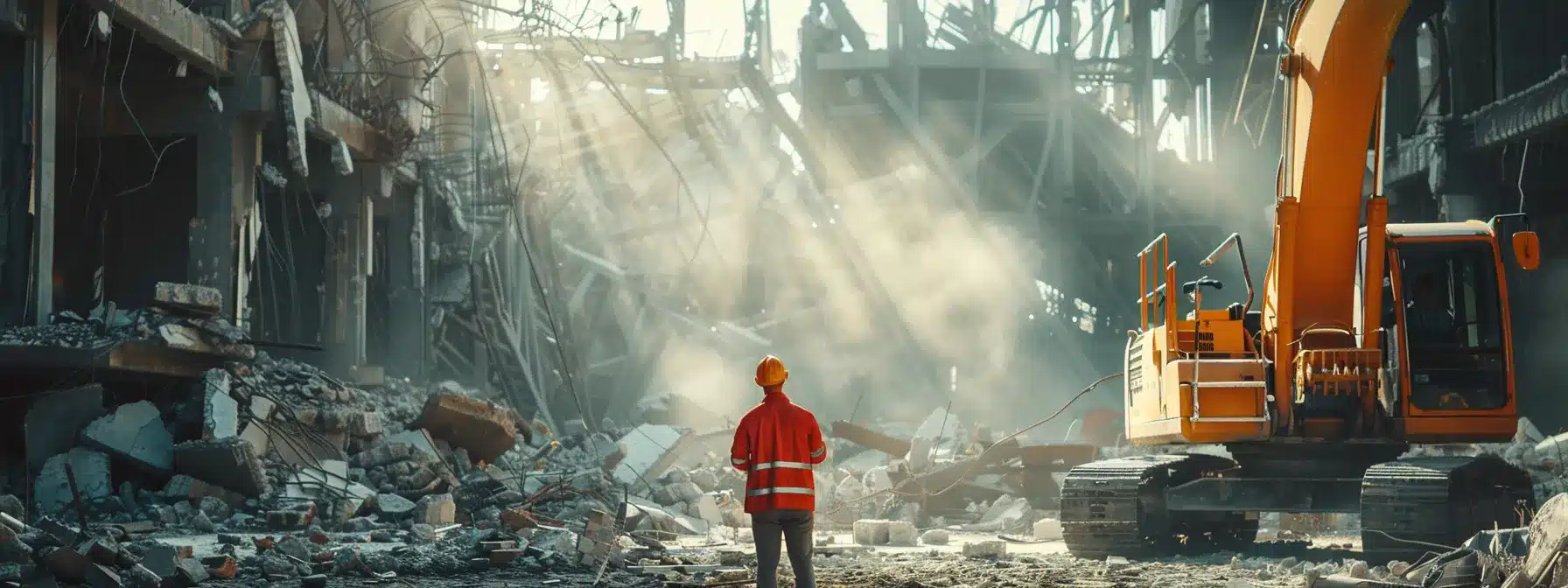 a worker in bright, durable personal protective equipment stands confidently amidst a deconstruction site, surrounded by rubble, with sunlight highlighting the importance of safety and accident prevention.